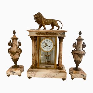 Cornice per camino Lion antica in marmo e bronzo, set di 3