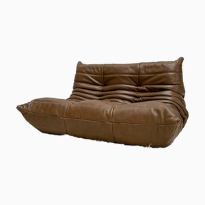 Canapé 2 Places Togo en Cuir Marron par Michel Ducaroy pour Ligne Roset