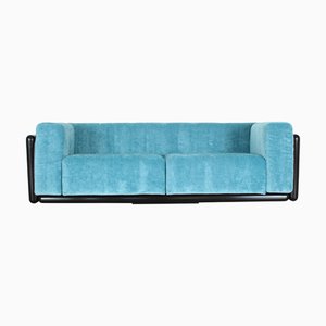 Iroko Cornaro Sofa in Wood and Azure Velvet by by Carlo Scarpa for Studio Simon, 1974