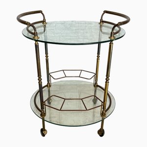 Chariot de Bar Rond en Laiton avec Plateaux en Verre, 1950s