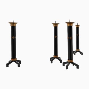Grands Bougeoirs d'Église en Métal Noir et Cuivre, 1960s, Set de 4