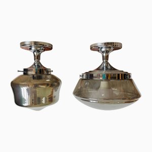 Plafonniers Semi-Encastrés Style Schoolhouse en Aluminium Chromé et Verre Miroir, Set de 2