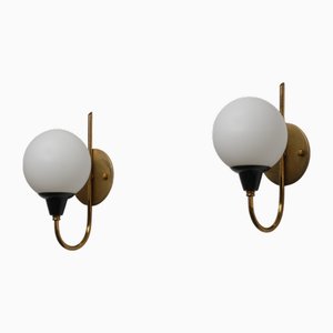 Vintage Italian Brass Wall Sconces with Opaline Glass Shades, 1950s, Set of 2