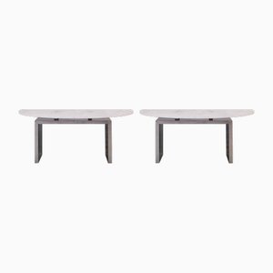 Table Console Demilune en Quartz Blanc et Acier, Set de 2