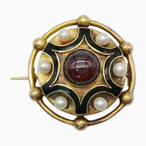 Antike runde Brosche aus 18 Karat Gold mit Perlen und Granat