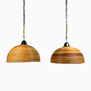 Mid-Century Italian Pencil Reed Rattan Bamboo and Brass Hanging Lamps, 1970s, Set of 2