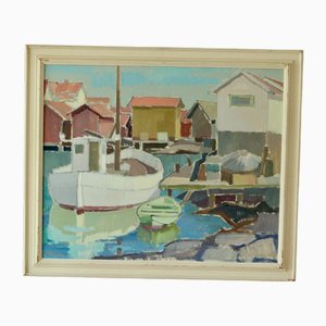 Sven Linder, Harbour View, 1960s, Oil on Canvas, Framed