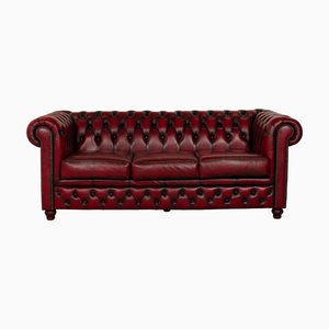 Vintage Chesterfield Leather Three-Seater Red - Brown Sofa