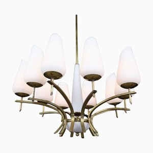 Mid-Century Modern Brass and Opaline Glass Chandelier, France, 1950s