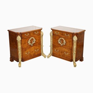 French Empire Style Gold Detailed Burr Walnut Bedsides Nightstands, Set of 2