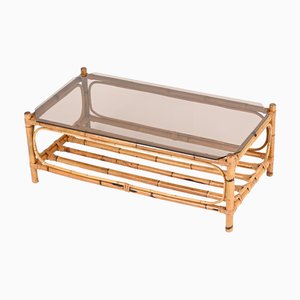 Large Italian Rectangular Coffee Table in Bamboo, Wicker and Smoked Glass, 1970s