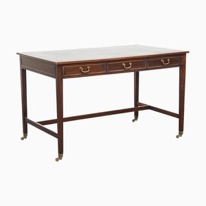 English Style Writing Desk on Wheels with Blue Leather Top