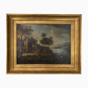 Italian School Artist, Lakescape with Forest Animated by Characters, Oil on Canvas, 18th Century, Framed