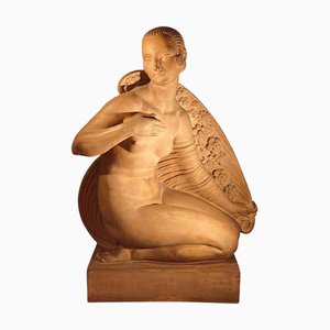 Joe Descomps Cormier, Art Deco Nackte Kniende Frau mit Vorhängen, 1910, Terrakotta