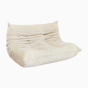 Divano Togo vintage a due posti in velluto beige di Michel Ducaroy Ligne Roset, anni '70