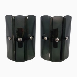 Modernist Smoked Glass and Chromed Metal Wall Lamps from Veca, 1970s, Set of 2