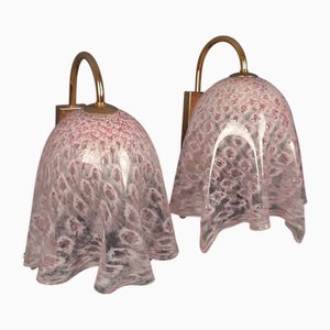 Lámparas de pared pañuelo modernistas de cristal de Murano rosa de La Murrina, años 70. Juego de 2