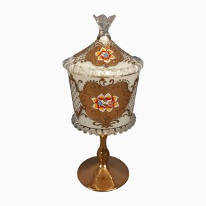 Vase oder Tafelaufsatz aus Muranoglas mit Deckel aus Reingold und Blumendekor, 1950er