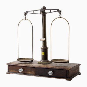 Vintage Brass Apothecary Scales on Wooden Base, 1910s