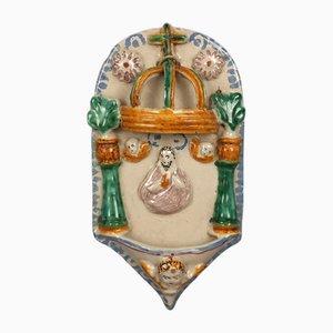 Holy Water Wall Stoup in Caltagirone Polychrome Majolica, 1950s