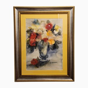 M. Chamorro, Vase of Flowers, Gouache on Paper, 1970s, Framed