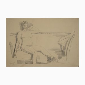 Wilhelm Trübner, Female Nude Sitting on a Sofa, 1900, Pencil Drawing