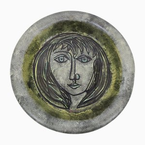 Plat Décoratif avec Visage de Femme par Le Tignard pour Accolay, France, 1970s