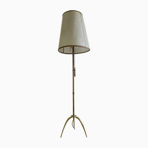 Mid-Century Stehlampe aus Messing mit Lederschirm, 1950er