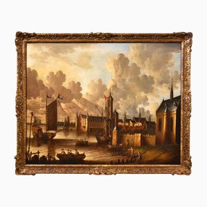 Peter Van Der Velde, Marina Landscape with Boats, 1700, Oil on Canvas