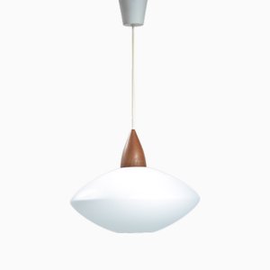 Lampe à Suspension en Teck Opalin Blanc par Uno & Östen Kristiansson pour Luxus, Suède, 1950s