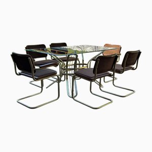 Juego de comedor italiano de latón con mesa y sillas, años 70. Juego de 7