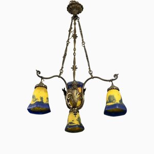 Lustre Art Nouveau en Bronze et Pâte de Verre attribué à Muller pour Lafite, 1900