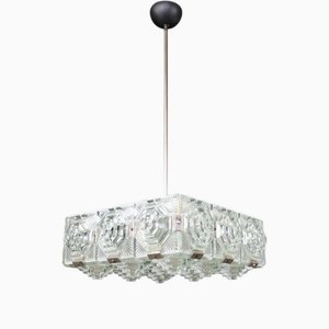 Moderner böhmischer Mid-Century Kronleuchter aus Glas & Chrom, Tschechoslowakei, 1970er