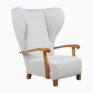 Monumental French Wingback Armchair in Ivory Bouclé with Sculpted Frame, 1930s