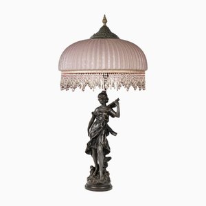 Lampe Sculpture Art Nouveau en Bronze avec Abat-Jour en Verre