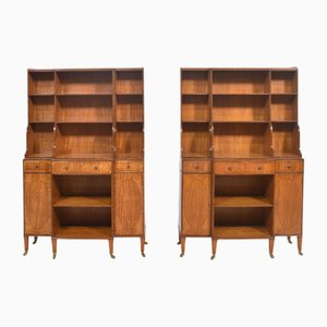 Satinwood Crossbanded Open Breakfront Waterfall Bookcases, 1890s, Set of 2