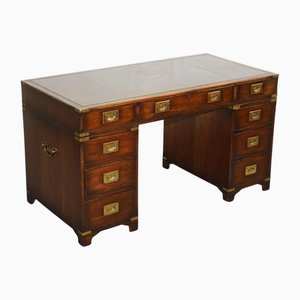 Military Campaign Twin Pedestal Desk with Aged Green Leather Top from Bevan Funell
