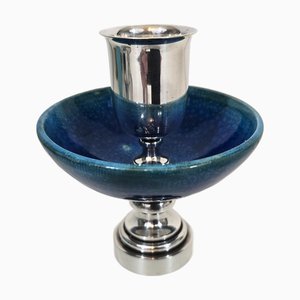 Silver-Plated Metal and Blue Crackled Ceramic Candleholder by Christian Dior, France, 1970s