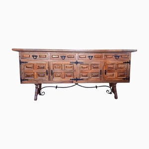 19th Spanish Baroque Carved Walnut Tuscan Three Drawers Credenza, 1910