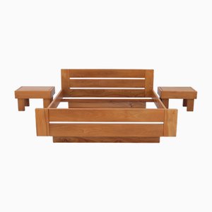 Bed Frame and Bedside Tables in Elm Wood from Regain, France, 1980s, Set of 3