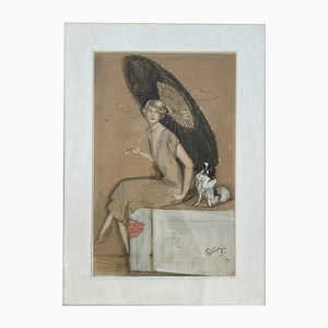 Jean-Gabriel Domergue, Signora con ombrellone e cane, Tecnica mista