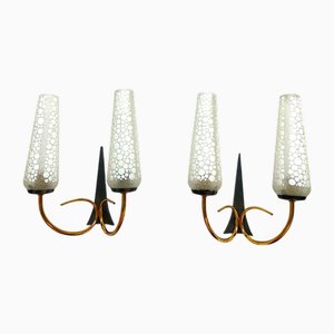 Mid Century Modern Brass Wall Sconce Lights with Conical Frosted Glass Lampshades, 1950s, Set of 2