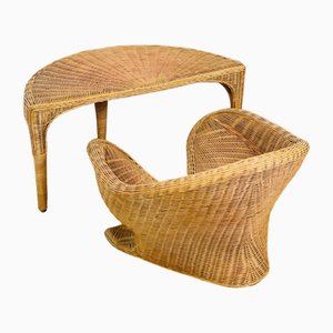 Vintage Sculptural Lotus Meditation Chair and Half-Moon Table in Rattan, 1970s, Set of 2