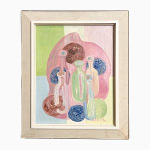 Cor Alons, Mid-Century Modern Cubist Still Life in Blue, Pink and Green Tones, 1955, Oil on Canvas