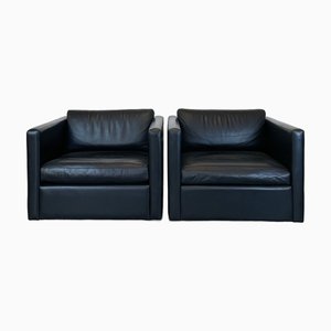 Set of Black Leather Cube Club Chairs by Charles Pfister for Knoll, 1980s