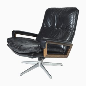 Midcentury Modern Strässle Black Leather King Lounge Chair by André Vandenbeuck, 1960s