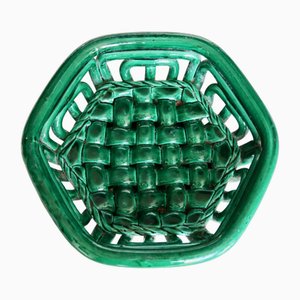 Large Vintage Dark Green Woven Ceramic Bowl