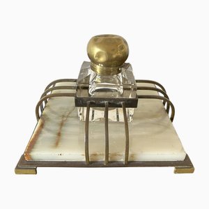 Tintero Art Déco de ónix, bandeja de metal dorado y cristal, años 20