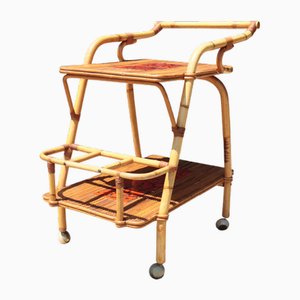 Mesa de servicio de ratán y cerámica de Audoux-Minet, 1950