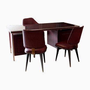 Vintage Italian Desk and Chairs in Burgundy Imitation Leather and Brass by Umberto Mascagni, 1950, Set of 4